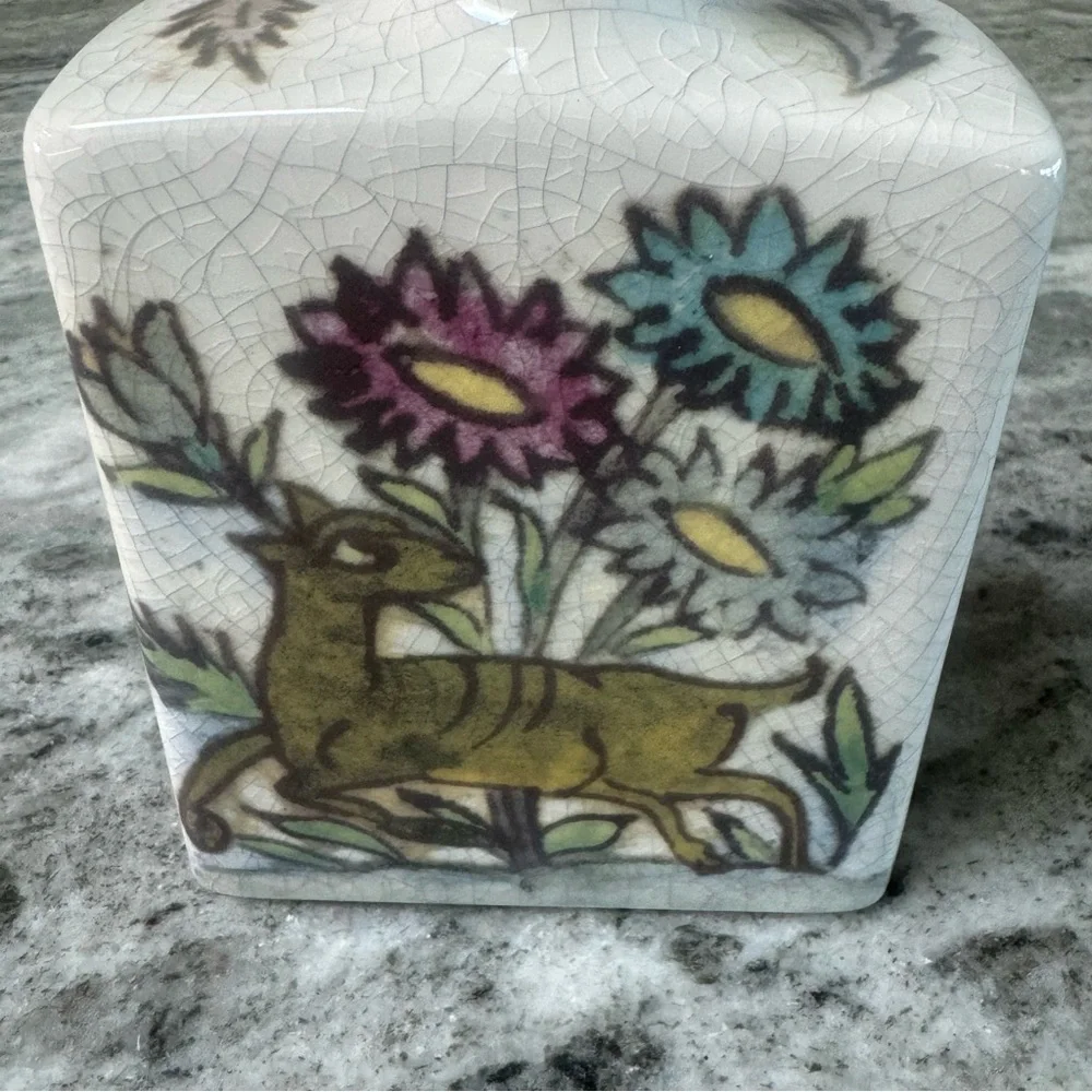 Pottery Barn Ikat Crackled Flower Vase Floral Birds Deer